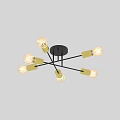 Modern Chandelier With Black Base Crossed Metal Arms Gold Sockets Six Clear Bulbs