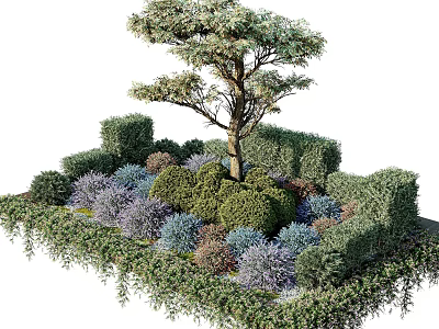 Lush Garden Landscape With Central Tree And Various Trimmed Shaped Shrubs 3d model