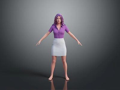 A woman with purple hair wearing purple shirt and white skirt barefoot on grey background 3d model