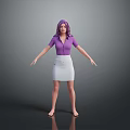 A woman with purple hair wearing purple shirt and white skirt barefoot on grey background