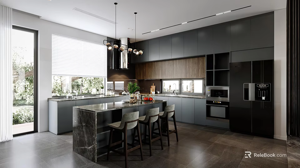 Stylish Modern Kitchen Interior With Dark Cabinets Marble Island And Pendant Lights 3d model 