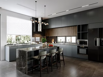 Stylish Modern Kitchen Interior With Dark Cabinets Marble Island And Pendant Lights 3d model