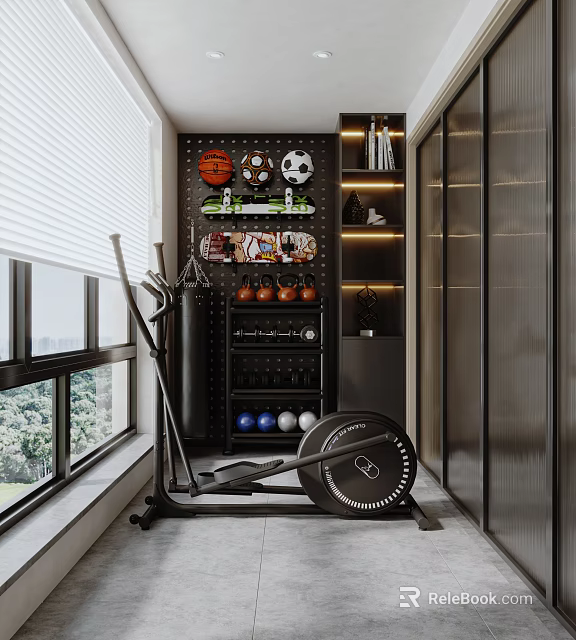 Indoor Home Gym With Elliptical Machine Basketball Football And Dumbbells On Shelf 3d model 