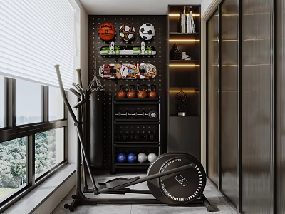 Indoor Home Gym With Elliptical Machine Basketball Football And Dumbbells On Shelf 3d model