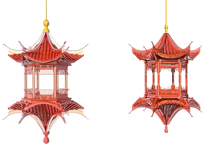 Traditional Chinese Red Pavilion Style Chandelier With Multi Layered Roof And Golden Top 3d model