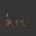 Outdoor Market Stall With Canopy Roof Wooden Barrels Crates Colored Goods And Lamp Post