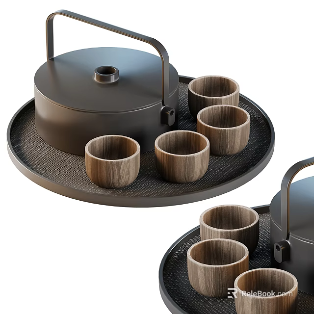 Tea Set with Black Teapot Wooden Cups and Round Mesh Tray 3d model 