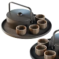 Tea Set with Black Teapot Wooden Cups and Round Mesh Tray