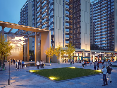 Vibrant Commercial Street Plaza With High Rise Buildings People Gathering Greenery And Evening Lighting 3d model
