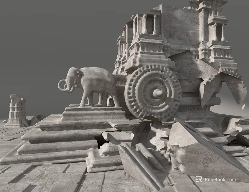 Ancient Architecture Ruins With Elephant Sculpture Wheel Structure And Stone Steps 3d model 