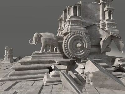 Ancient Architecture Ruins With Elephant Sculpture Wheel Structure And Stone Steps 3d model