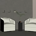 Lounge Area With Gray Wall Two Beige Armchairs Round Table Plant Floor Lamp And Carpet