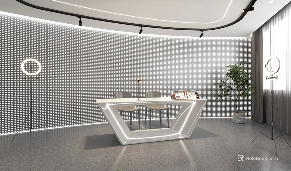 Modern Interior Space With White Reception Desk Perforated Wall Track Lights And Green Plant 3d model 