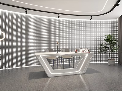 Modern Interior Space With White Reception Desk Perforated Wall Track Lights And Green Plant 3d model