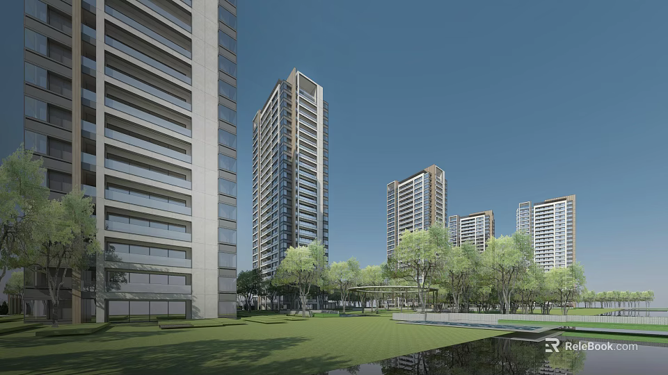 Modern High Rise Residential Buildings With Green Lawn Trees And Pond 3d model 