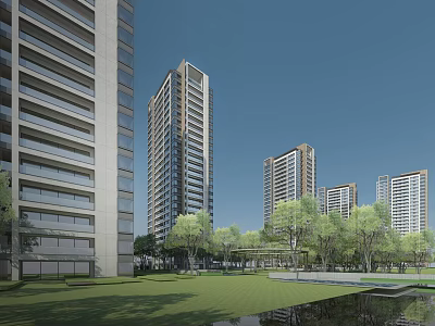 Modern High Rise Residential Buildings With Green Lawn Trees And Pond 3d model