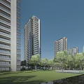 Modern High Rise Residential Buildings With Green Lawn Trees And Pond