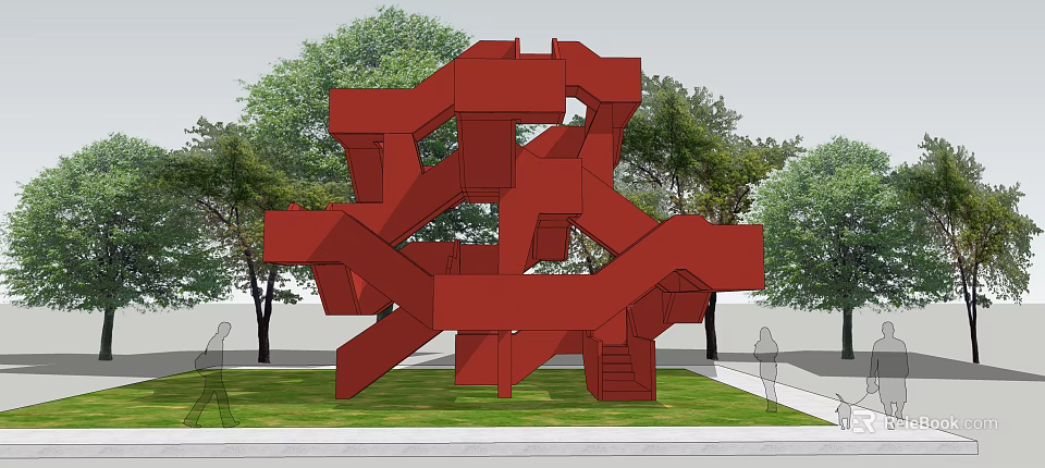 Red Abstract Sculptural Staircase in Outdoor Grass Area with Trees 3d model 