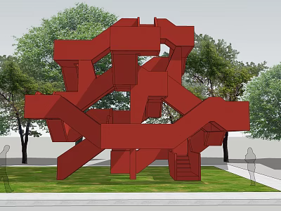 Red Abstract Sculptural Staircase in Outdoor Grass Area with Trees 3d model