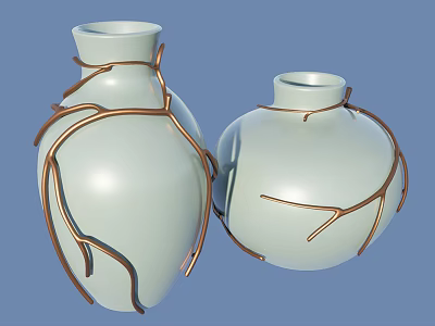 Two Elegant White Vases Adorned With Copper Branch Accents For Home Decor 3d model