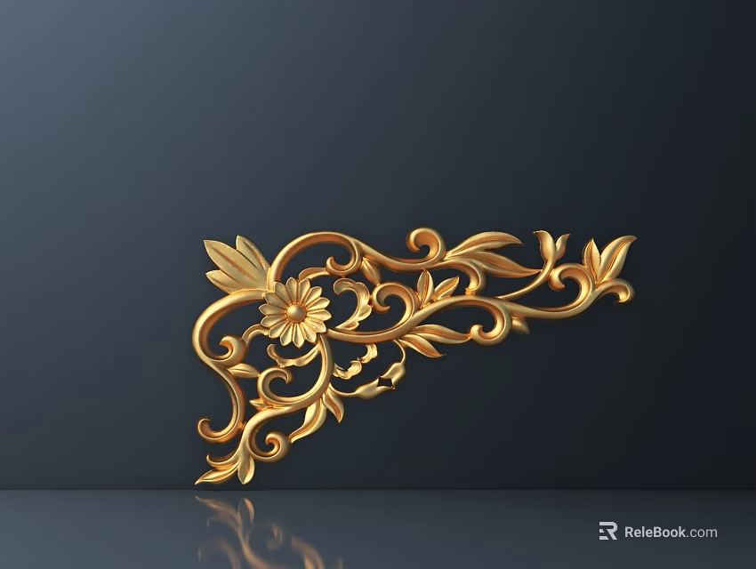Golden Ornate Carving Corner Ornament with Intricate Floral Patterns and Glossy Surface 3d model 