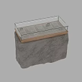 Display Showcase With Rock Texture Base Transparent Glass Top And Wooden Compartments