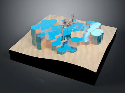 3D Architectural Model With Geometric Blue Structures And Water Elements On Sandy Base 3d model