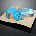 3D Architectural Model With Geometric Blue Structures And Water Elements On Sandy Base