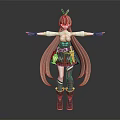 Game and Movie Character with Twin Ponytails Pink Hair Horns White Top Red Skirt Boots
