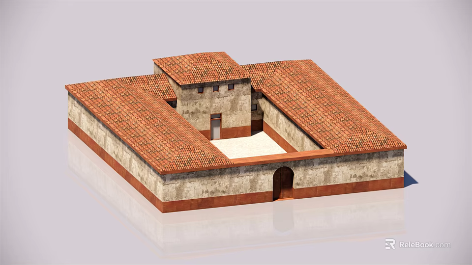 Traditional Courtyard Building With Red Tile Roofs Beige Walls And Central Open Space Archway Entrance 3d model 
