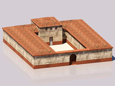 Traditional Courtyard Building With Red Tile Roofs Beige Walls And Central Open Space Archway Entrance 3d model