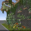 Garden Landscape Featuring Wooden Pergola Hanging Vines Brick Wall And Shelves With Plants