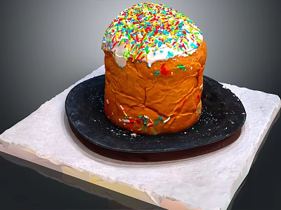 Traditional Sweet Bread With White Frosting And Colorful Sprinkles On Black Plate And White Mat 3d model