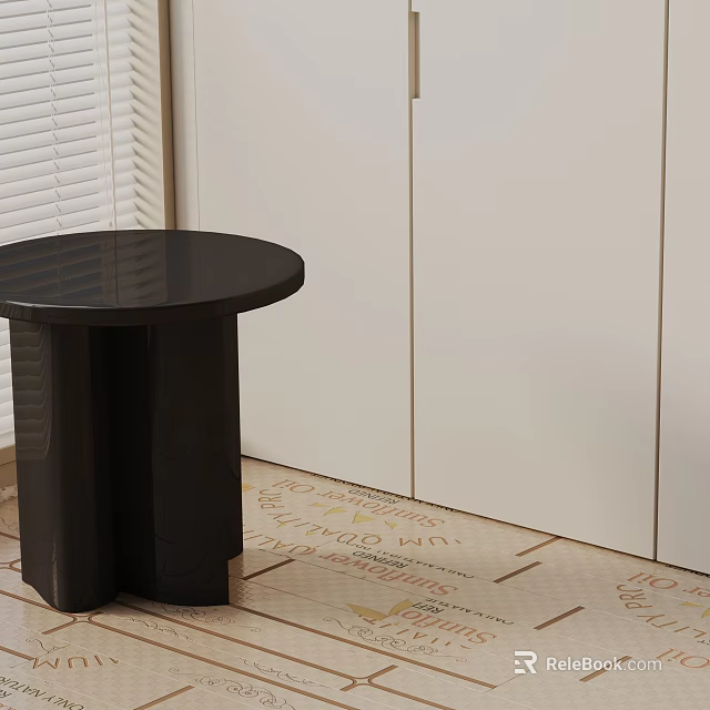 Black Round Top Side Table With White Cabinet On Indoor Patterned Rug 3d model