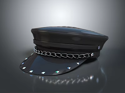 Black Leather Hat With Chain Decoration And Diamond Shaped Studs On Brim 3d model