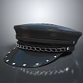 Black Leather Hat With Chain Decoration And Diamond Shaped Studs On Brim