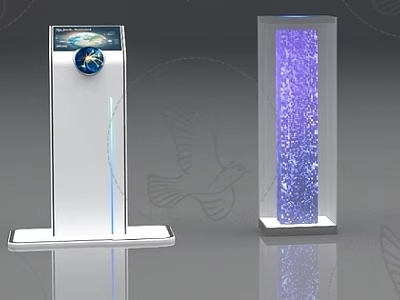Tech Exhibition Hall Interactive Display With Digital Screen Earth Image And Transparent Purple Light Column 3d model
