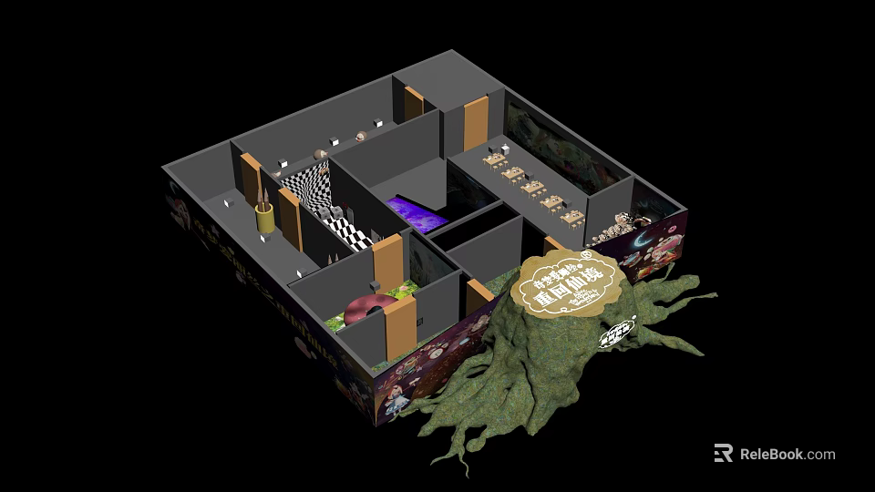 Creative Themed 3D Room Layout With Different Areas Golden Label And Tree Root Structure 3d model 