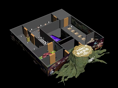 Creative Themed 3D Room Layout With Different Areas Golden Label And Tree Root Structure 3d model