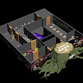 Creative Themed 3D Room Layout With Different Areas Golden Label And Tree Root Structure