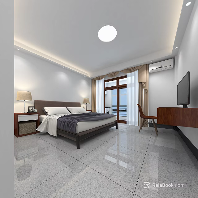 Modern Apartment Bedroom With Large Bed Table Lamp Window Curtains TV And Shiny Floor 3d model 