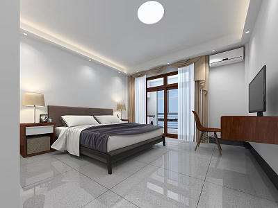 Modern Apartment Bedroom With Large Bed Table Lamp Window Curtains TV And Shiny Floor 3d model