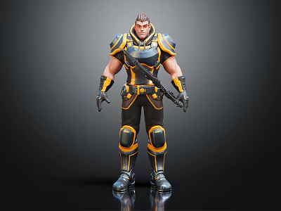Human Warrior Game Character In Black And Yellow Armor With Muscular Build 3d model