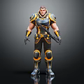 Human Warrior Game Character In Black And Yellow Armor With Muscular Build