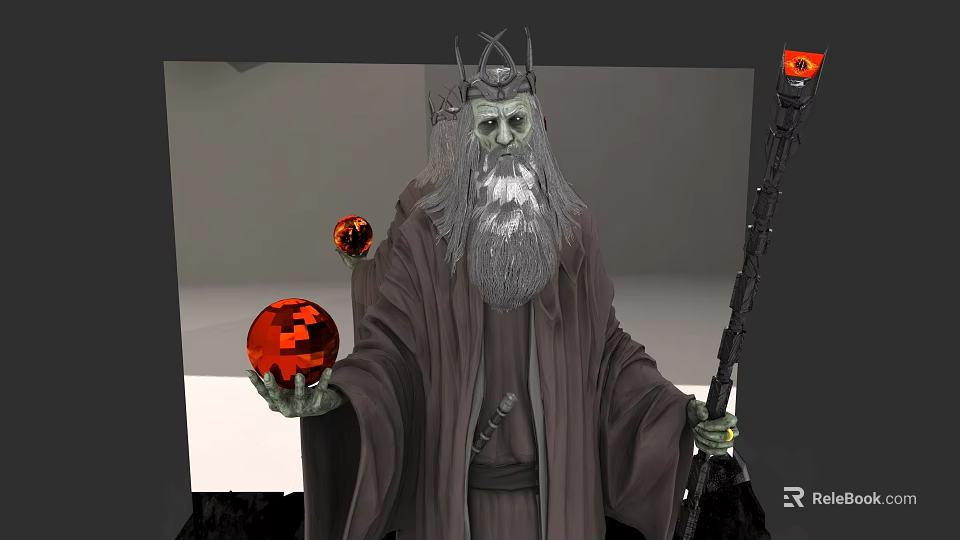 Game Movie Character In Dark Robe With Crown Long Gray Beard Holding Red Orb Staff 3d model 