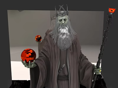 Game Movie Character In Dark Robe With Crown Long Gray Beard Holding Red Orb Staff 3d model