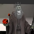 Game Movie Character In Dark Robe With Crown Long Gray Beard Holding Red Orb Staff