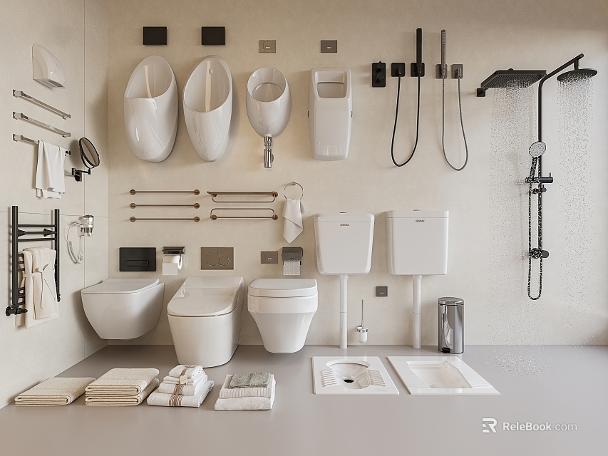 White Bathroom Toilet Sanitary Ware Display With Sinks Taps And Accessories 3d model 