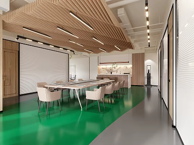 Modern Lounge Area Interior With Wooden Ceiling Green Floor And Comfortable Seats 3d model
