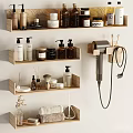 Organized Bathroom Daily Essentials With Wooden Shelves Bottles Towel And Hair Dryer